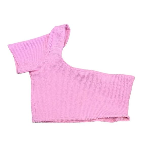PrettyLittleThings One Shoulder Bikini Top Pink Stretch Crinkle Short Sleeve Swi - Picture 3 of 7